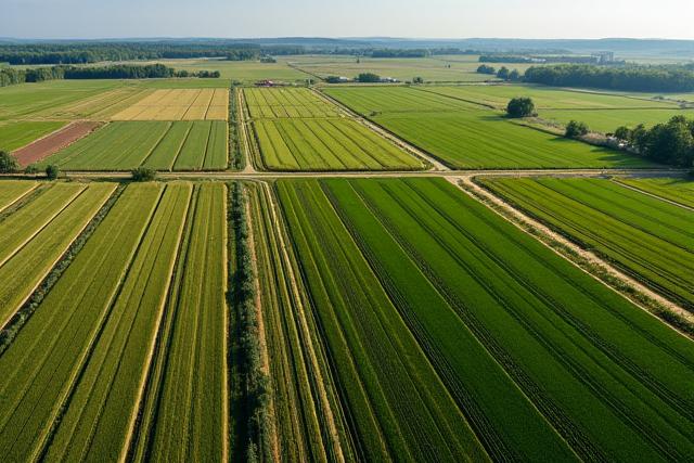 Pemandangan dron ladang hijau pada musim menuai